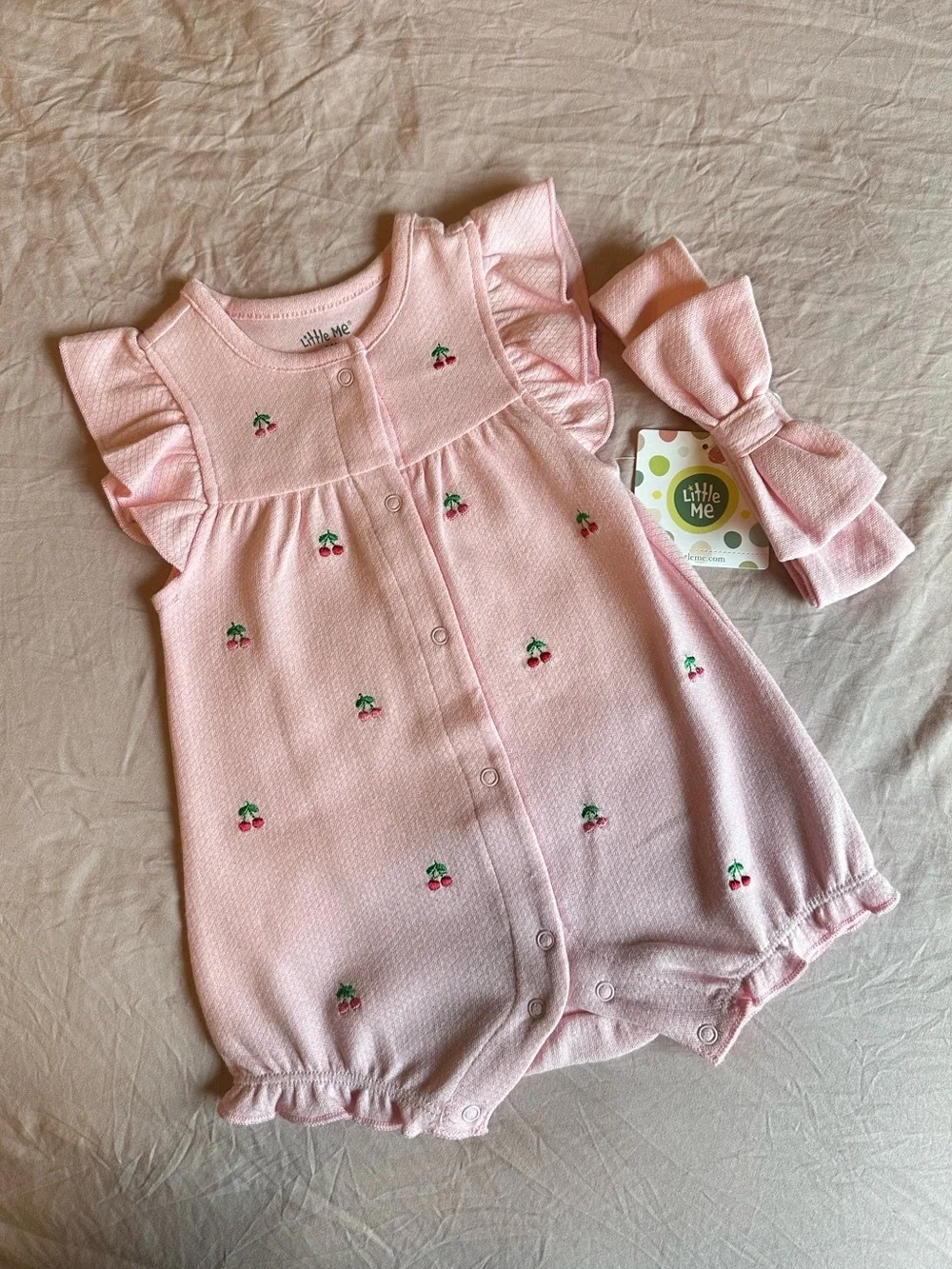 Little Me Pink Cherry Embroidered Ruffle Romper with Bow Headband